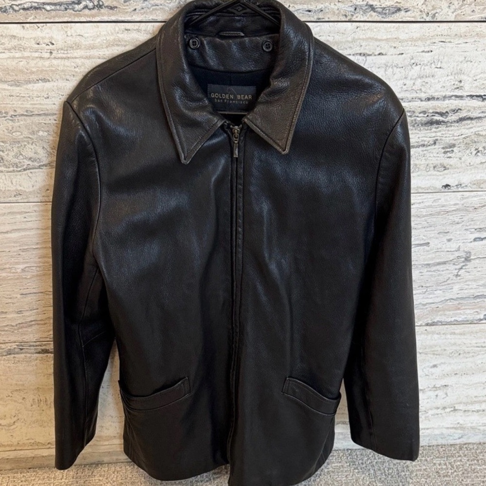 Golden Bear Men's Large Leather Jacket Black Wool Lined USA‎ Made Front Zip Coat